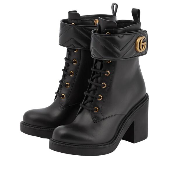 Gucci Double G Marmont Leather Combat Ankle Boots Lace up Black Gold 38 - Picture 3 of 10